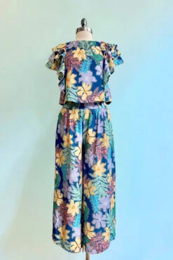 Blue Floral Printed Two Piece Set Top And Pants