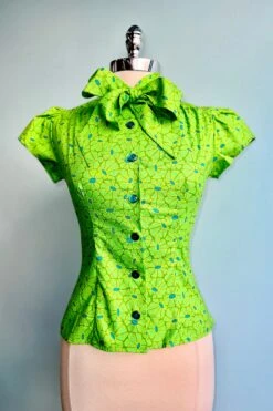 Lime And Blue Mod Daisy Estelle Tie-Neck Blouse By Heart Of Haute