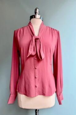 Pink Tie-Neck Puff Sleeve Button Down Blouse By Voodoo Vixen