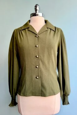 Puff Sleeve Bonnie Blouse In Olive By Banned