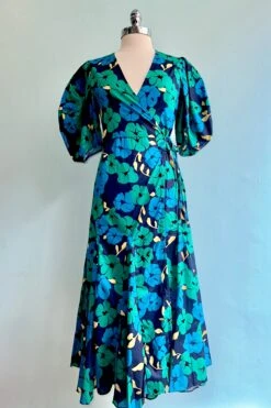 Emerald And Navy Balloon Sleeve Wrap Dress
