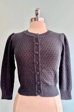 Navy Puff Sleeve Cropped Cardigan