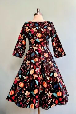 Pumpkins And Leaves 3/4 Sleeve Rounded Neck Dress By Eva Rose