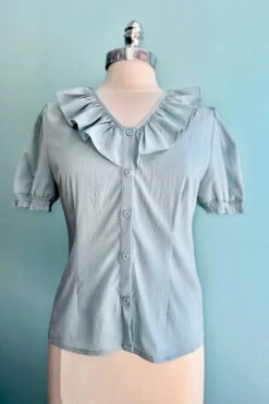 Ruffle Collar Puff Sleeve Top In Light Blue By Banned