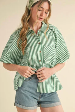 Green Striped Button Down Balloon Sleeve Top -MODERN MILLIE Shop 417A1FBF 94D0 44A4 AC45 CB91BB10A796