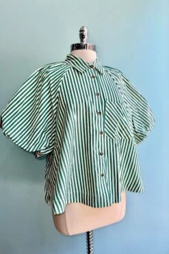 Green Striped Button Down Balloon Sleeve Top -MODERN MILLIE Shop 437ED850 5068 48B1 B638 851908ACAE69