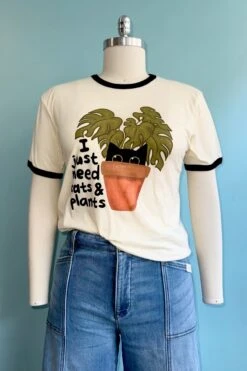 I Just Need Cats And Plants Ringer T-Shirt In Off-White