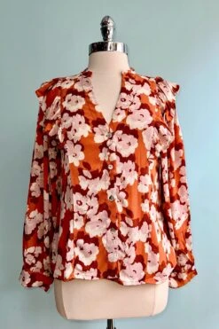 Peach Floral Ruffle Shoulder Top By Wild Pony