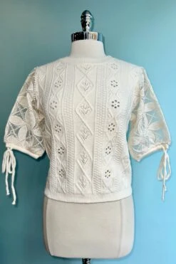 Ivory Eyelet And Embroidered Sweater