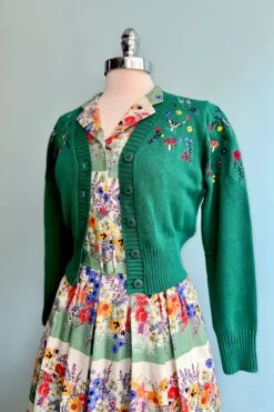 Green Mushroom And Moth Cropped Embroidered Cardigan By Voodoo Vixen
