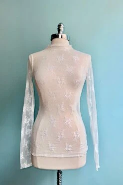 Off-White Mesh Long Sleeve Mock Neck Sheer Top