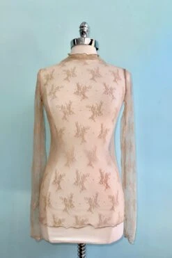 Beige Mesh Long Sleeve Mock Neck Sheer Top