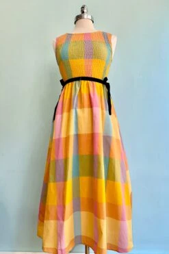 Check Plaid Smocked Bodice Midi Dress