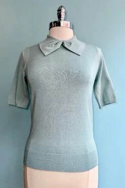 Light Blue Bow Collared Short Sleeve Sweater By Banned