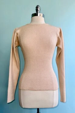 Cream Ribbed Knit Puff Sleeve Sweater By Wild Pony