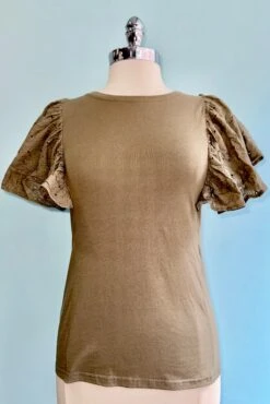 Sage Eyelet Ruffle Sleeve T-Shirt Top By Molly Bracken