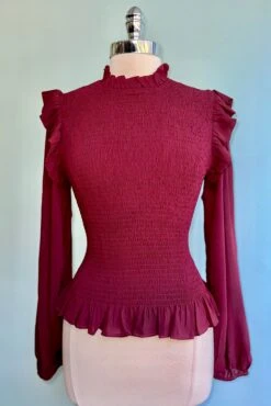 Burgundy Ruffled And Smocked Blouse By Molly Bracken