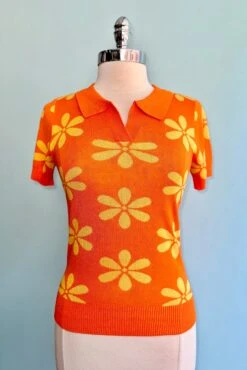 60's Orange Floral Knit Polo Top By Voodoo Vixen