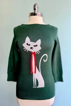 Final Sale Green Christmas Cat Sweater