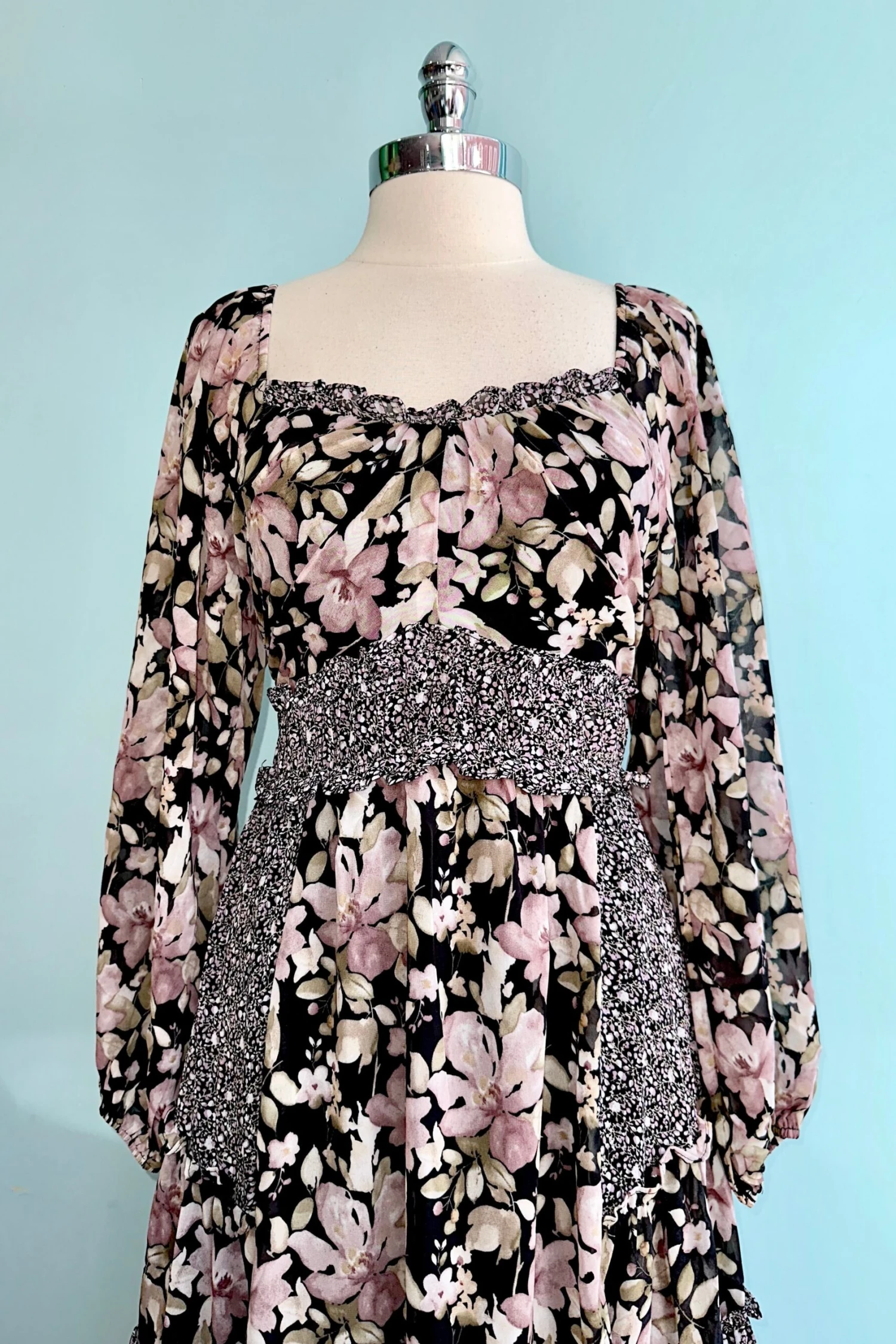 Black Mixed Patchwork Ruffle Trim Midi Dress Black Mixed Patchwork Ruffle Trim Midi Dress -MODERN MILLIE Shop 863BFDDE 4780 43CC BD5A E1AAF8B4AC26 scaled