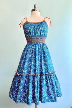 Turquoise Floral Smocked Waist Swing Dress