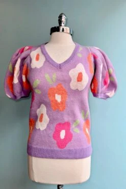 Lavender Floral Puff Sleeve Sweater