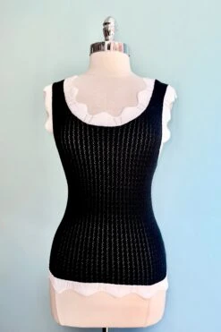 Black And White Scalloped Pointelle Knit Tank Top