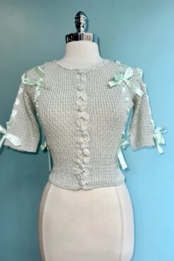 Mint Puff Sleeve Cardigan With Satin Bows