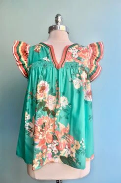 Turquoise And Orange Ruffle Sleeve Top