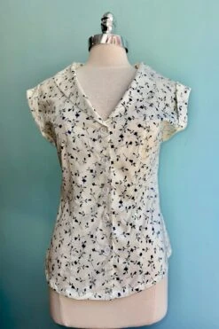 Ditsy Blue Floral Notched Collar Blouse