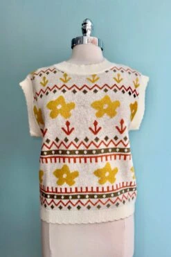 Ivory And Mustard Floral Sweater Vest