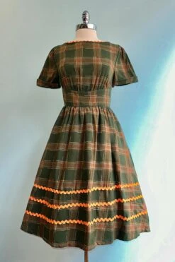 Final Sale Green And Rust Plaid Short Sleeve Dress