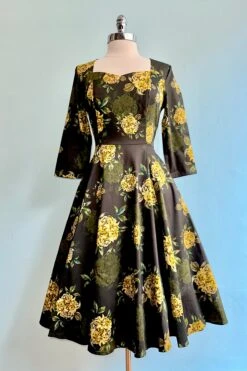 Black And Gold Floral Inez Dress By Hearts & Roses London