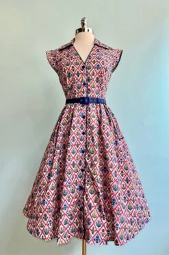 Blue Garden Floral Diamond Print Shirt Dress