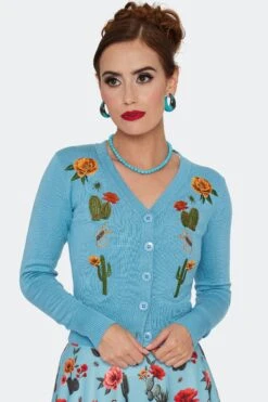 Desert Floral And Cactus Embroidered Cardigan By Voodoo Vixen -MODERN MILLIE Shop CAA4502 BLU 01