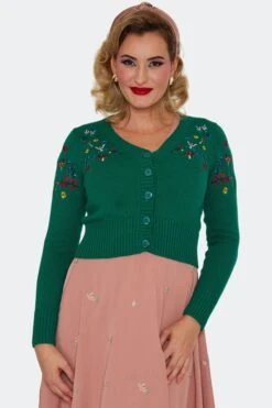 Green Mushroom And Moth Cropped Embroidered Cardigan By Voodoo Vixen -MODERN MILLIE Shop CAA4509 GRN 01