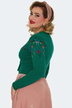 Green Mushroom And Moth Cropped Embroidered Cardigan By Voodoo Vixen -MODERN MILLIE Shop CAA4509 GRN 02
