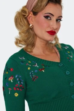 Green Mushroom And Moth Cropped Embroidered Cardigan By Voodoo Vixen -MODERN MILLIE Shop CAA4509 GRN 03