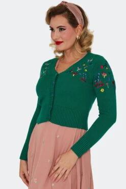 Green Mushroom And Moth Cropped Embroidered Cardigan By Voodoo Vixen -MODERN MILLIE Shop CAA4509 GRN 05