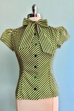 Green Stripe Estelle Tie-Neck Blouse By Heart Of Haute