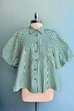 Green Striped Button Down Balloon Sleeve Top