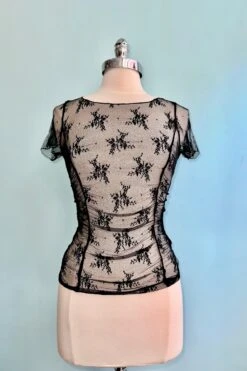 Black Ruched Short Sleeve Mesh Top