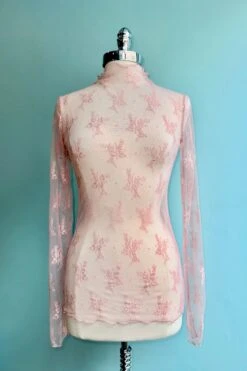 Pink Mesh Long Sleeve Mock Neck Sheer Top