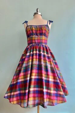 Multicolor Plaid Shirred Bust Swing Dress