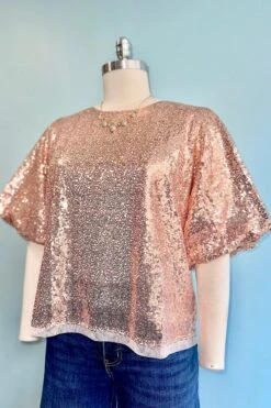 Champagne Sequin Puff Sleeve Top -MODERN MILLIE Shop DDC4895C 84EC 449E 93EB 6D3FF0FB326D