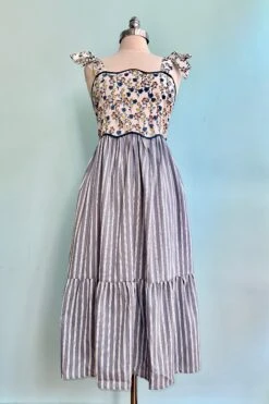 Blue Floral And Striped Print Midi Dress