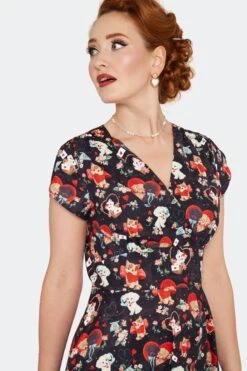 Puppy And Kitty Valentines Surplice Dress By Voodoo Vixen -MODERN MILLIE Shop DRA10092 BLK 03