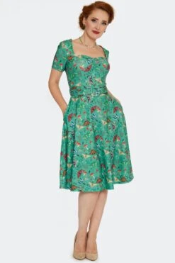 Short Sleeve Green Moth And Mushroom Dress By Voodoo Vixen -MODERN MILLIE Shop DRA10120 GRN 01