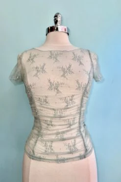 Sage Ruched Short Sleeve Mesh Top