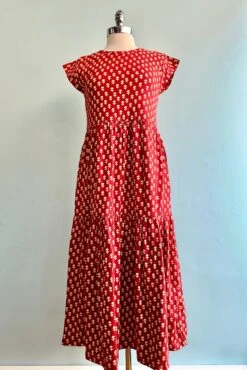 Red Micro Floral Tiered Jersey Dress By Mata Traders